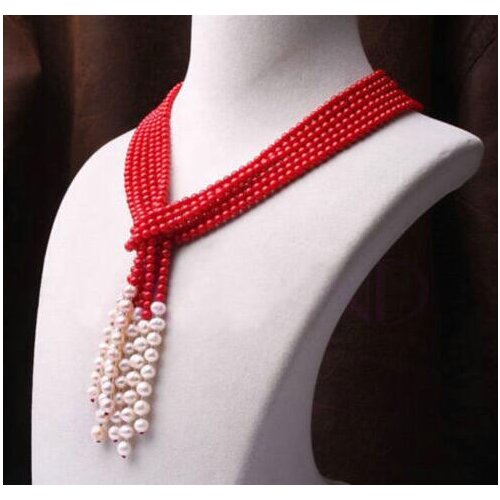 Beautiful 3 row red coral white pearl necklace fine jewelry drop shipping