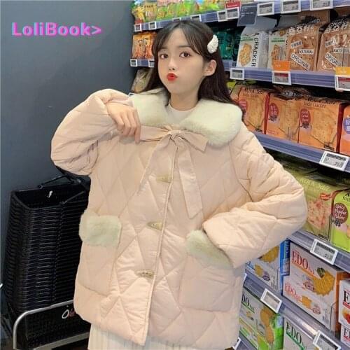 Lolibook Cute Lolita Jackets Women Winter Tea Party Horn Button Coat Female Kawaii Rabbit Fur Collar Lolita Coat Parkas