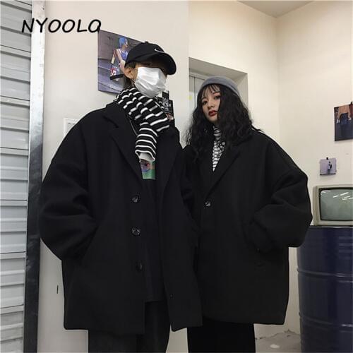 NYOOLO Autumn winter streetwear pockets black warm woolen coat Casual loose single breasted Thicken Jackets women men outerwear