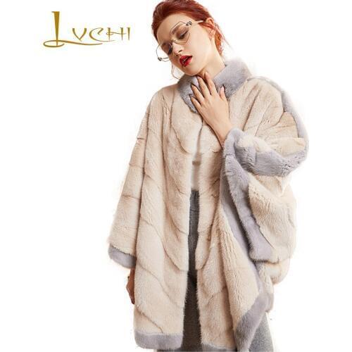 LVCHI 2019 New Update Swan Velvet Mink Fur Coat Nine Quarter Batwing Sleeve Real Fur Coats Mandarin Collar Women Mink Fur Coats