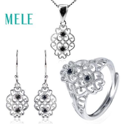 MELE Natural Black Spinel 925 sterling silver Jewelry Sets for women,Fashion classic style wtih 1.8mm gemstone new