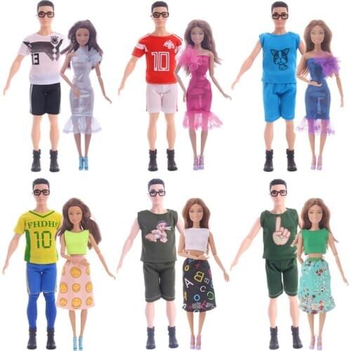 Mix 2Pcs /Set Daily Wear Casual Couple Doll Dress For Barbies Doll Accessories Boy Girl Clothes Toy ForFor Barbies Ken Doll Gift