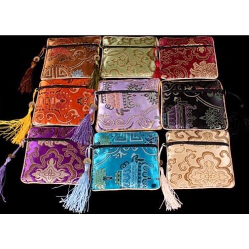 Fashion Bags Pouches Mix Colors Chinese Zipper Coin Tassel Silk Square Jewelry 10PCS