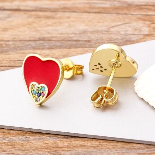 Top Quality Copper Zircon Heart Shape Stud Earrings Red/Blue/Black Colors Sweet Jewelry Best Party Wedding New Year Gift