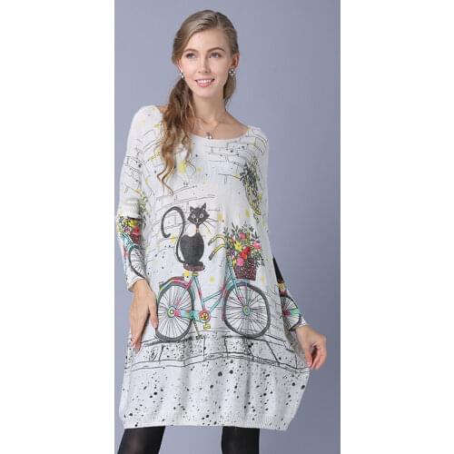 Autumn Women Loose Sweaters Oversized Full Sleeve Slash Neck Print Knitted Sweater Women Casual Invierno Long Pullovers Sweaters