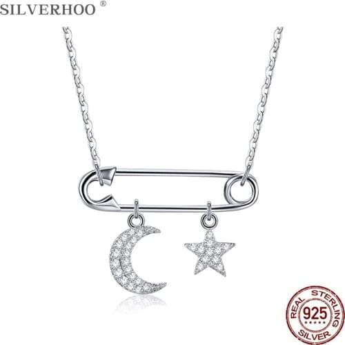 SILVERHOO Necklaces For Women 925 Sterling Silver Stars Moon Shape Fine Anniversary Jewelry Party Birthday Gift Hot Sale