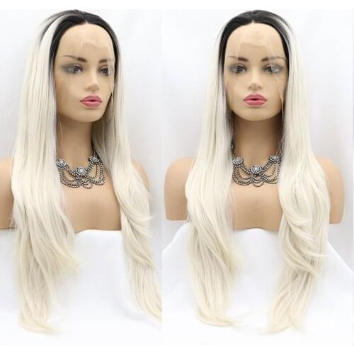 Synthetic Lace Front Wig For Women Ombre Black White Blonde Long Straight 613 Frontal Glueless Cosplay HD Transparent Wigs Dark