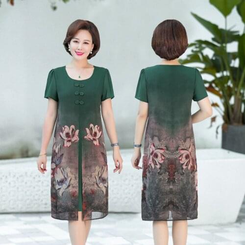 Middle-aged Printed Vestidos Summer 2020 Temperament Mother Short-sleeved Middle-aged Noble Female Fake Two-piece Dresses Z562