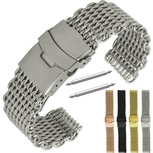 Replacement Watch Band 18mm 20mm 22mm 24mm Stainless Steel Meshed Watch Strap Wrist Bracelet Belt Secure Buckle with Pins 12CLSB
