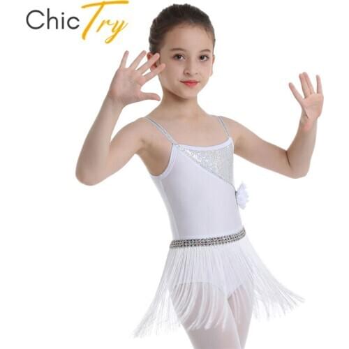 ChicTry Kids Girls Shiny Sequins Tassels Latin Dance Dress Elastic Straps Rumba Salsa Tango Dance Leotard Stage Dance Costume