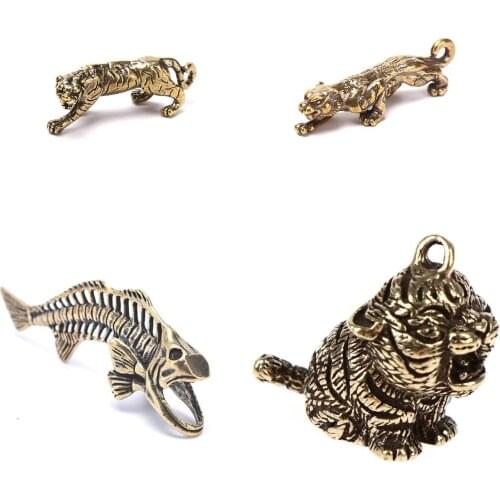 Solid Copper Tiger/Fish Key Chains Vintage Glossy Brass Animal Pendants Trinket Chinese Zodiac Tigers Charms Keychains Ornaments