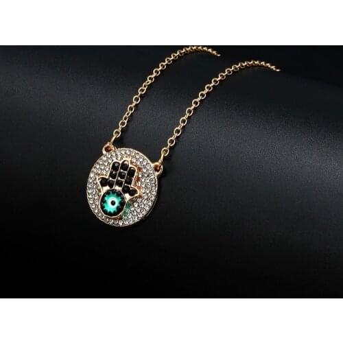 VSnow Charming Circle Geometric Palm Demon Eye Pendant Necklace for Women Bling Bling Rhinestone Metal Chain Necklace Jewellery