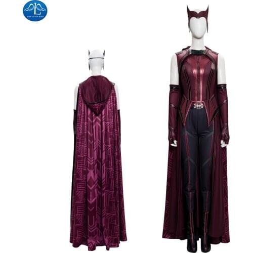Halloween Leather Outfits Wanda Vision Cosplay Scarlet Witch Wanda Cosplay Costume Women Fancy Dress Red Cloak Custom Made