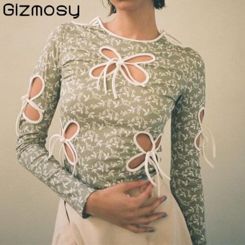 Gizmosy 2020 Spring Sweet Round Neck Floral Bow Knot Hollow Out Slim Long Sleeve T-shirt Women Streetwear Top Fashion Outfits