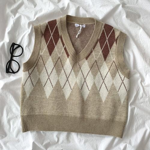 Vintage Y2k Argyle V-neck Knitted Sweater Vest Womens 2021 Autumn Winter Preppy Style Slim Sleeveless Fashion Sweaters Street