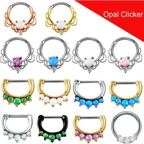 1PC Gothic Lace Opal Stone Hinged Nose Septum Hoop Rings Pierced Round Daith Rook Septum Clicker Earrings Piercing Body Jewelry