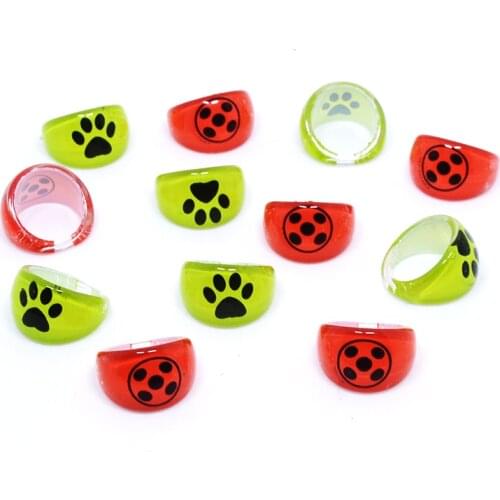 10pcs Fashion Red Ladybugs Noir Acrylic Rings for Girls Kids Cute Black Pet Dog Cat Paw Print Children Jewelry Party Toy Gifts