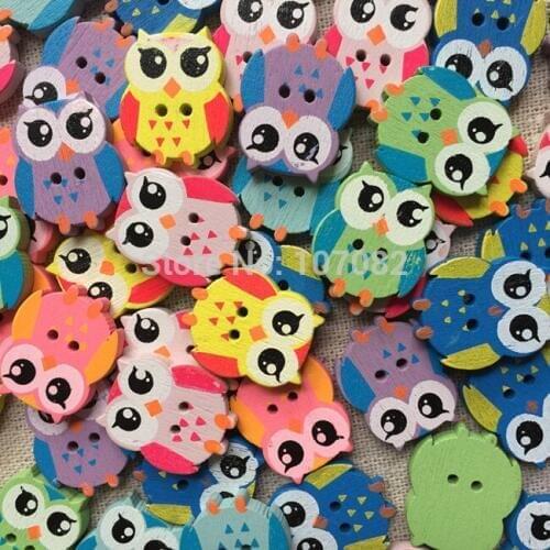 100pcs Mixed Owl Shape Wood 2 Holes Buttons For Scrapbooking 22X23mm Babys Cartoon Owls Button