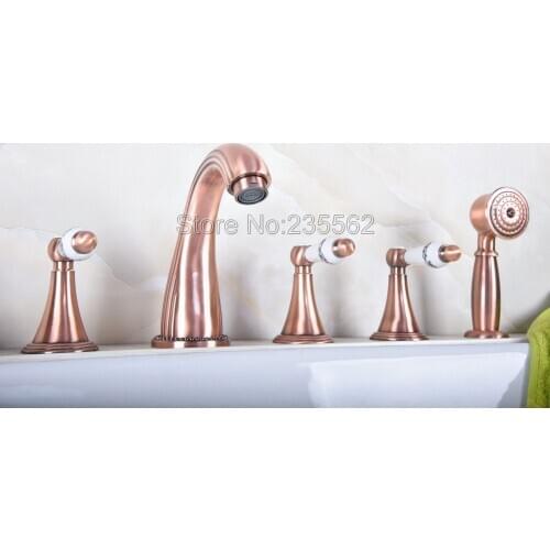 Antique Red Copper Bathroom Roman Tub Faucet Deck Mount Bathtub Widespread 5 Holes Hand Shower Mixers Tap Ltf194