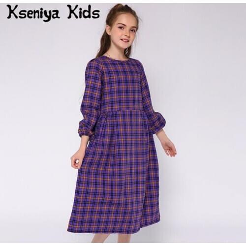 Kseniya Kids Big Girls Long Style Dress Muslim School Uniforms Cotton Plaid Long Sleeve