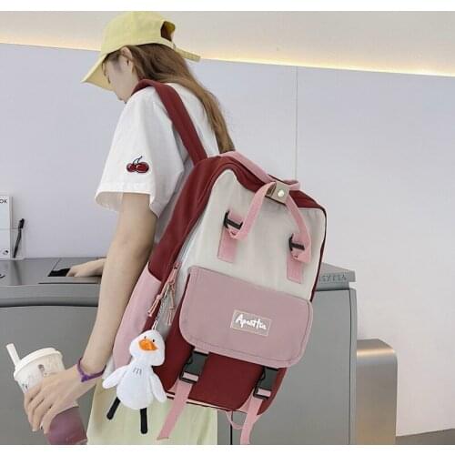 Travel Bags Scoolbags Fashion Womens Backpack Trendy Nylon Contrast Color School Bag For Girls Cute Pendant Student Shoulder