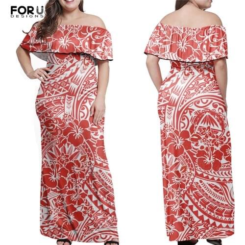 FORUDESIGNS Summer Womens Polynesian Tribe Tahiti Hibiscus Ruffle Off Shoulder Dress Comfortable Soft Dating Long Dresses