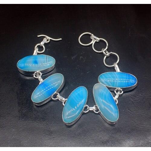 Hermosa Jewelry Elegant Lovely Blue BotswanaAgate Silver Color Charms Chain Links Bracelets For Women 19cm 20213455