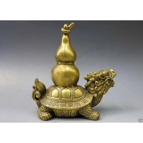 Chinese Brass Copper Animal Fengshui Bottle Gourd Calabash Dragon Turtle Statue