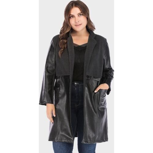Patchwork Classic Black PU Leather Jackets Long Style L To 5XL Plus Size Stand Collar Slim Long Sleeve Cardigan Coats TA1604