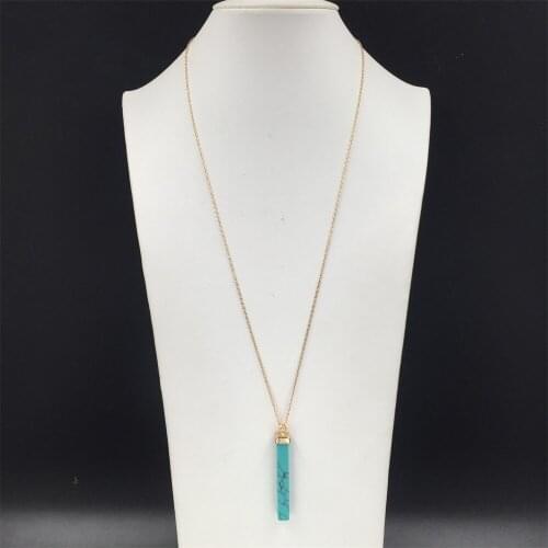 Classic Gold Color Plating Sqaure Marble Stick Green Pink Black White Stone Pendant Long Necklace For Women Girl Elegant Jewelry