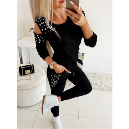 Casual Tracksuits For Women Spring Winter Casual Women Jogging Tracksuits Long Cold Shoulder Beading Sweatshirt Tops Pant Suits