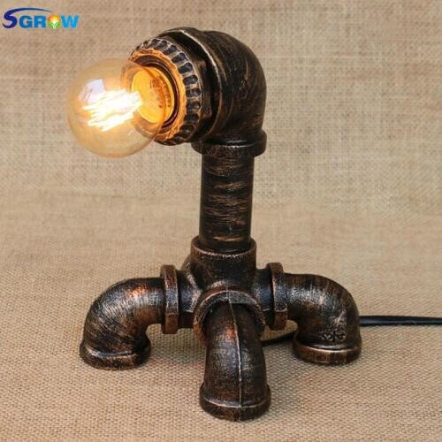 SGROW Creative Table Lamp Loft Industrial Iron Pipe Lamp Decorative Desk Lamp for Bedroom Beside Light Vintage Halogen Bulb Lamp