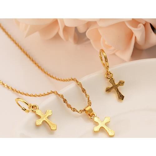 Cross Necklace Earrings Set Gold Color Catholic Religious wedding bridal Jewelry Set Christmas birthday Gift For Women