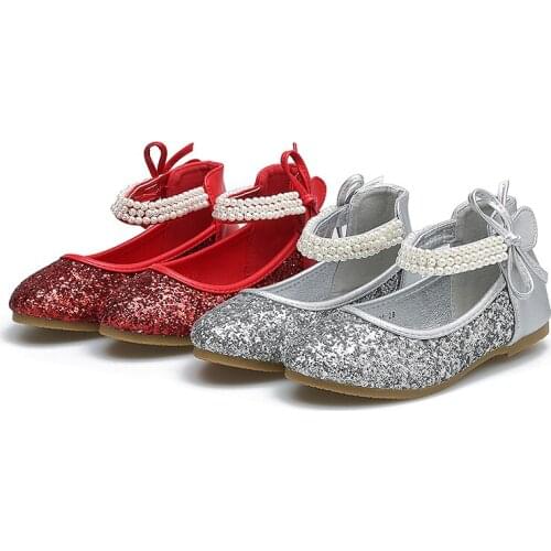 Spring Girls Leather Shoes Fashion Sequins Pearl Bowtie Girls Dancing Shoes Children Infant Girls Flat Sneakers Silver STX017