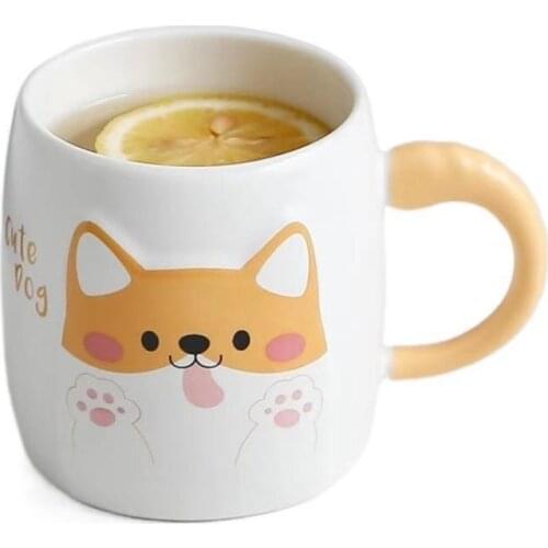 350ml Cute Cartoon Shiba Inu Coffee Mug Creative Animal Ceramic Cup with Lid Spoon Handle Children Breakfast Milk Cup