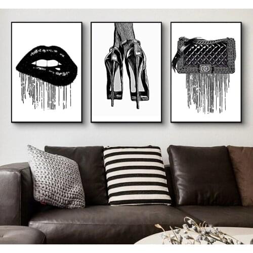 Black White Fashion Wall Pictures High Heels Art Print Nordic Poster Lips Drip Modern Canvas Painting Girls Gift Home Room Decor