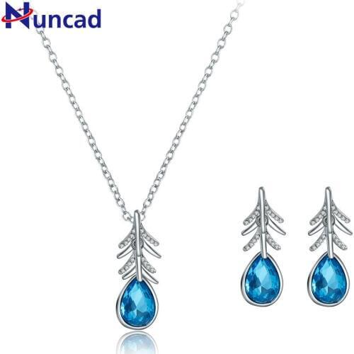 Trendy Jewelry Sets Fashion Leaf Rhinestone Crystal Jewelry Statement Women Blue Drop Necklace And Pendant Earrings