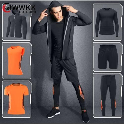 WWKK Mens Yoga Shorts+Hooded Coat+T Shirt+Vest+Long Sleeve Tee+Pants 6 Pieces Set Outdoor Running Quick Dry Fitness Sports Sets