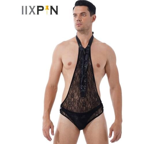 Mens Transparent Mesh Leotard Floral Lace Deep V Sexy Bodysuit Catsuit Sissy Sleepwear Halter Lace-up Open Butt Erotic Romper