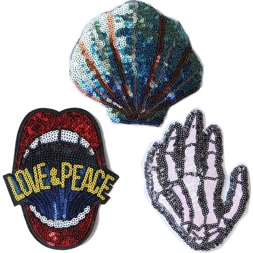 Cartoon Decorative Patch Skeleton-hand Shell Mouth Sequins icon Embroidered Applique Patches For DIY Iron on Badges on clothes