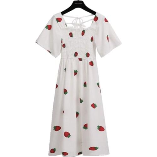 2021 New Elegant Square Collar Dress Summer Pineapple Print White Midi Vestidos Women Big Swing A-line Party Dresses
