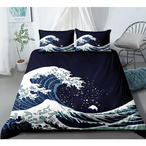 New Wave Print Bed Set Linen Sea View Bedding Set Girl Bedroom Decoration Home Soft Bed Set Single Double Full King