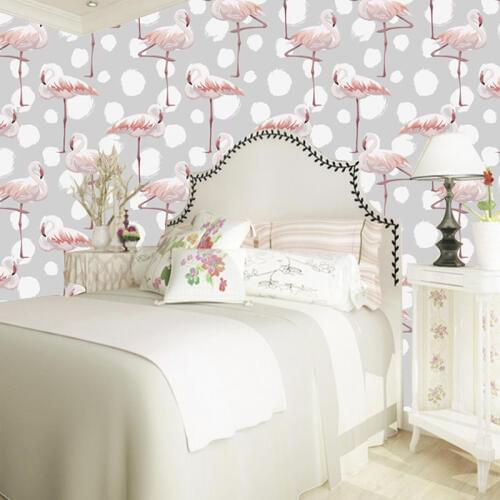 Bed room wallpaper warm grey and elegant flamingo mural wallpaper decoration for girls room ladys room free shipping discount