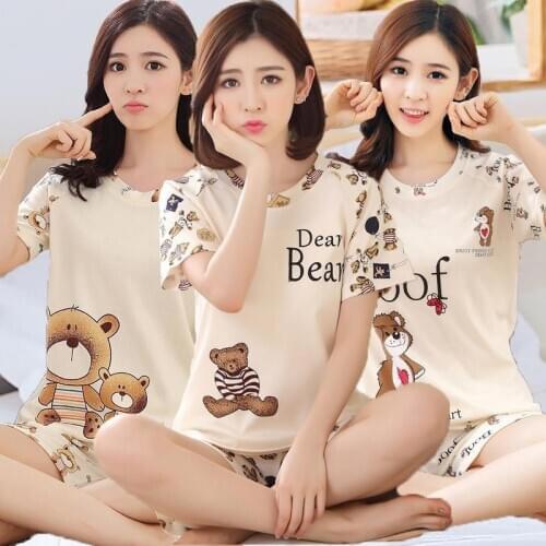 Han edition round collar short sleeve pajamas female leisure wear suits summer leisure cartoon cream-colored bear love pajamas