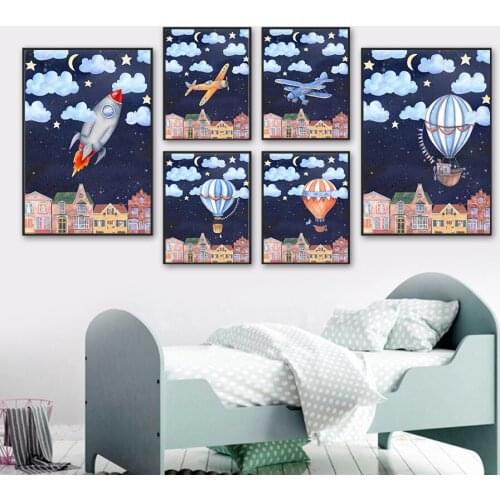 Rocket Aircraft Hot Air Balloon Cloud Cartoon Wall Art Canvas Painting Nordic Posters And Prints Wall Pictures Kids Room Decor