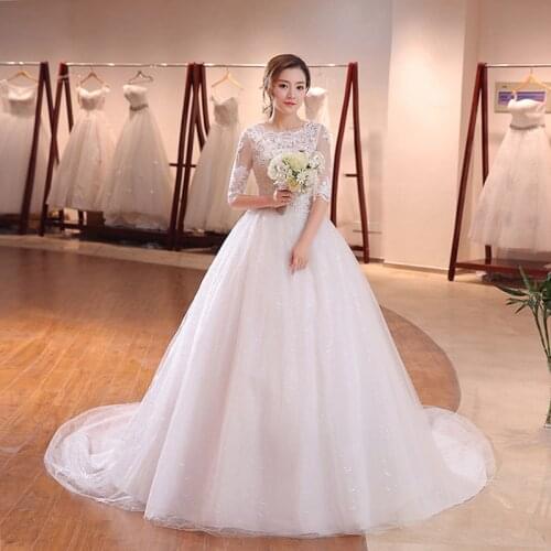 Wedding Dress Empire Sequins Half Sleeves Floral Print G063 O-Neck Backless Plus Size Wedding Gowns Women Vestidos De Novia