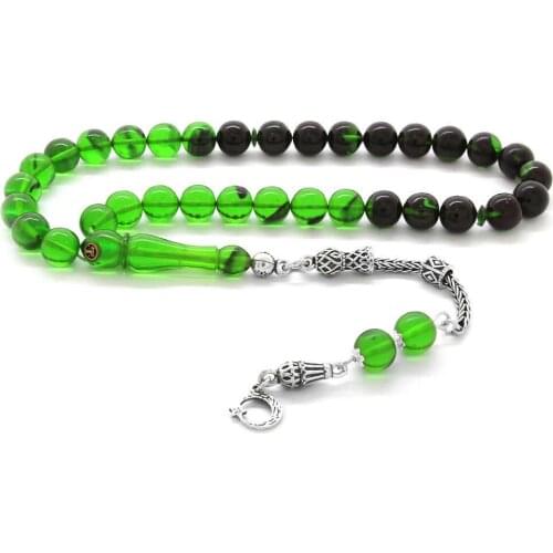 Tesbihane 925 Sterling Silver Tassels Sphere Cut Cottage Green Fire Amber Prayer Beads