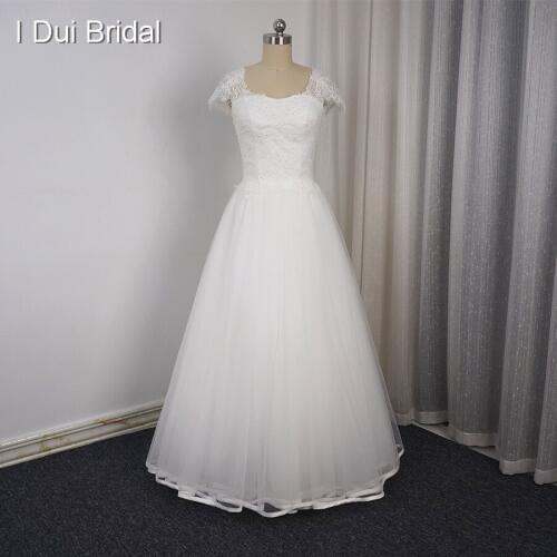 A line Cap Sleeve Wedding Dresses Ribbon Edge Delicate Beaded Square Neckline Button Back