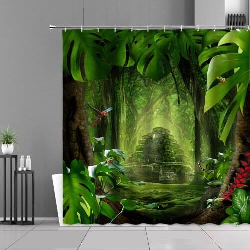 Green Leaf Landscape Shower Curtains Tropical Plant Flower Print Bathroom Curtain Waterproof Bath Screen Home Decor Wall Cloth