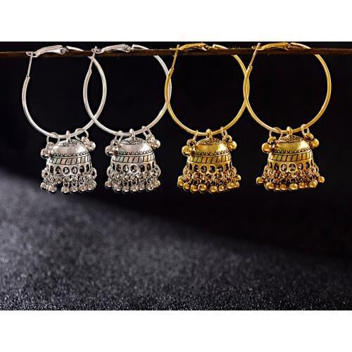 Women‘s Boho Ethnic Gold Silver Plated Jhumka Indian Earring Gypsy Jewelry Vintage Big Bells Dangle Hanging Earrings For Women